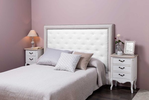Cabecero Marco Lino Natural, Interior Capitoné Rombo Polipiel Blanco. Para Cama 160 Cm. Altura 120 Cm