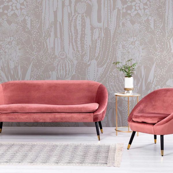 Sofa Retro Liso, Terciopelo Rosa, Patas Negras-Oro. 175*80*76 Cm