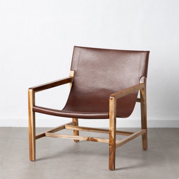 SILLÓN MARRÓN MADERA TECA-PIEL SALÓN 69 X 82 X 82 CM
